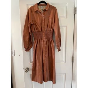 ASOS DESIGN leather look midi shirt dress with shirred waist in brown.